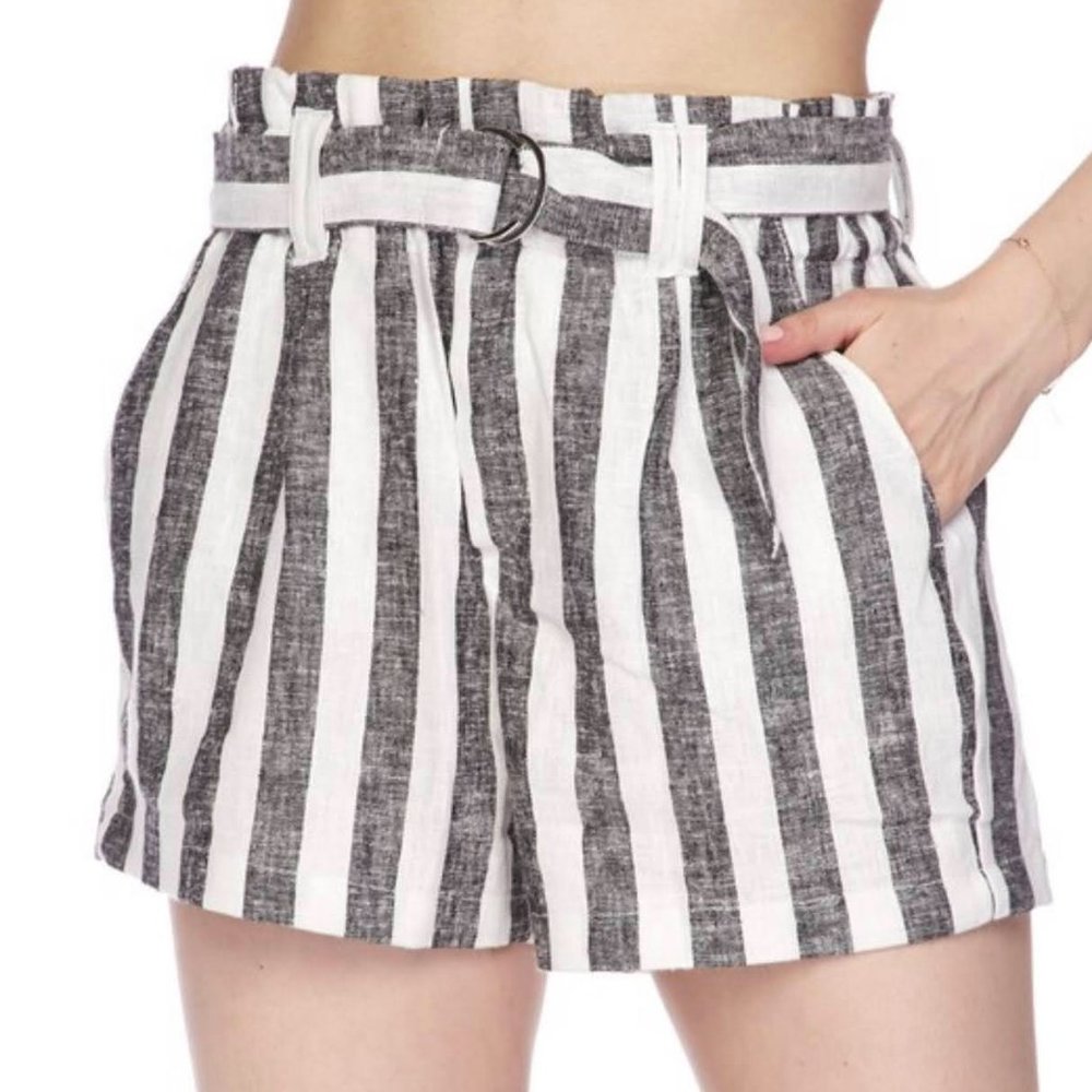 Striped Linen Shorts-Black